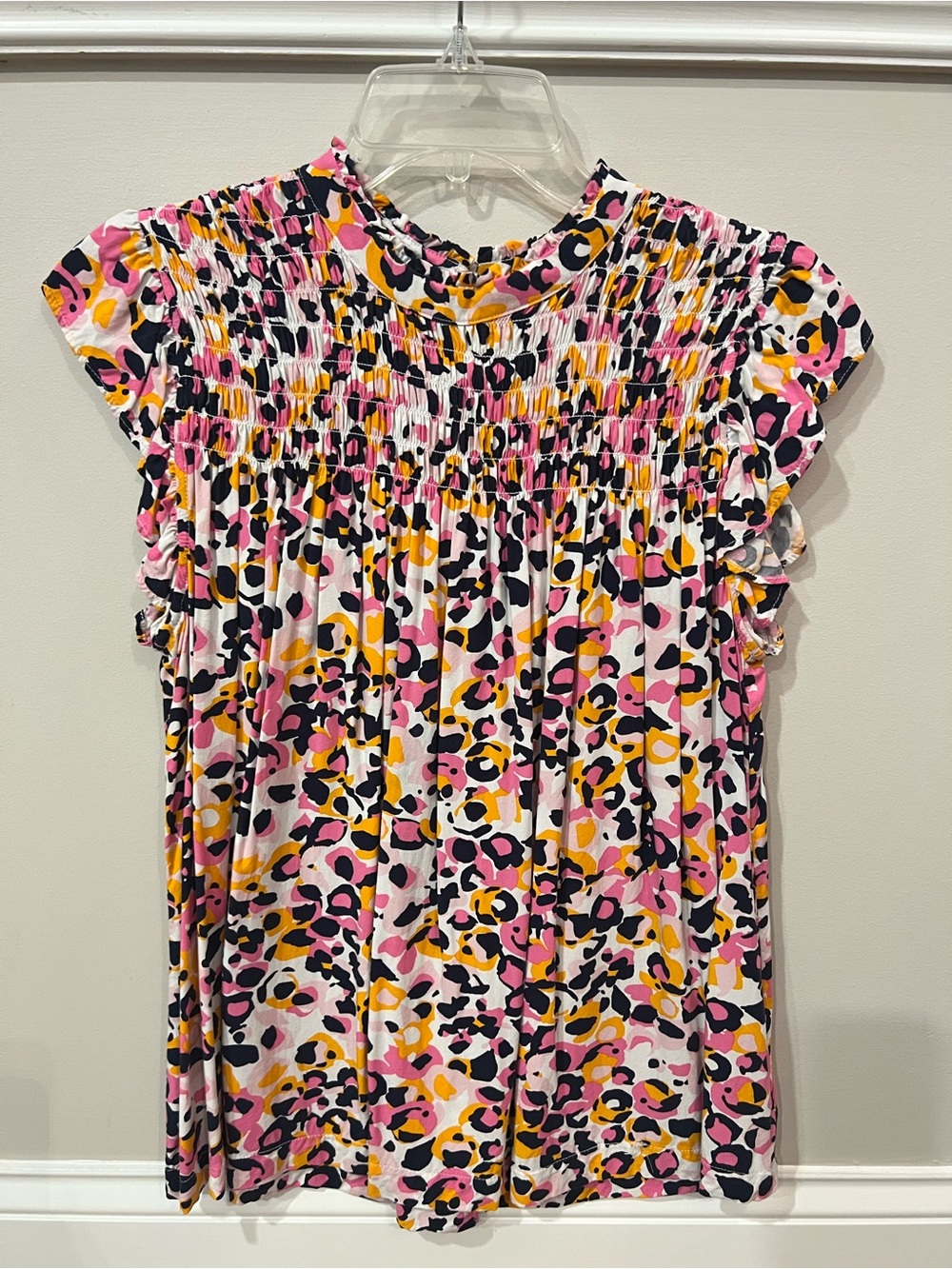 crown & ivy Pink, Orange, and Navy Smocked Cap-Sleeve Blouse